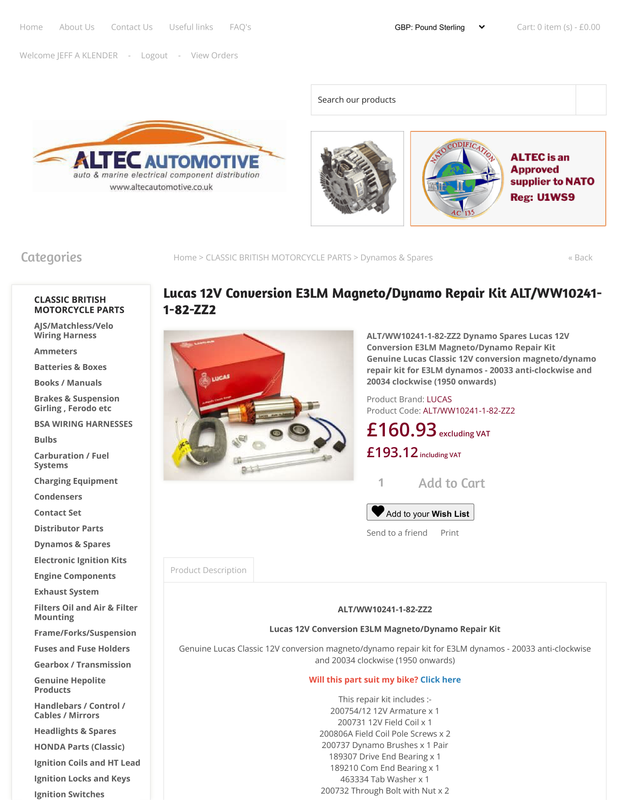 Lucas 12V Conversion E3LM Magneto Dynamo Repair Kit ALT WW10241 1 82 ZZ2
