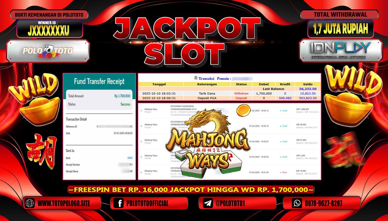POLOTOTO JACKPOT SLOT MAHJONG WAYS Rp.1.700.000,- LUNAS