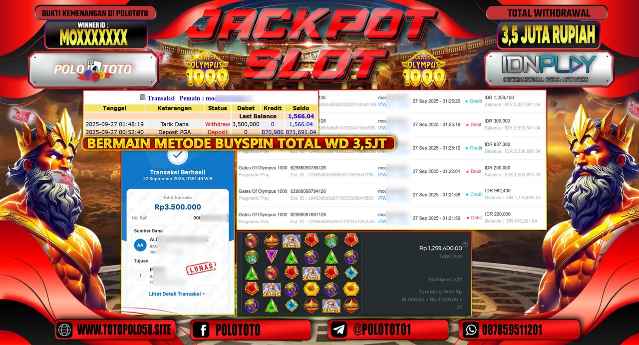 POLOTOTO JACKPOT SLOT GATES OF OLYMPUS 1000 Rp.3.500.000,- LUNAS