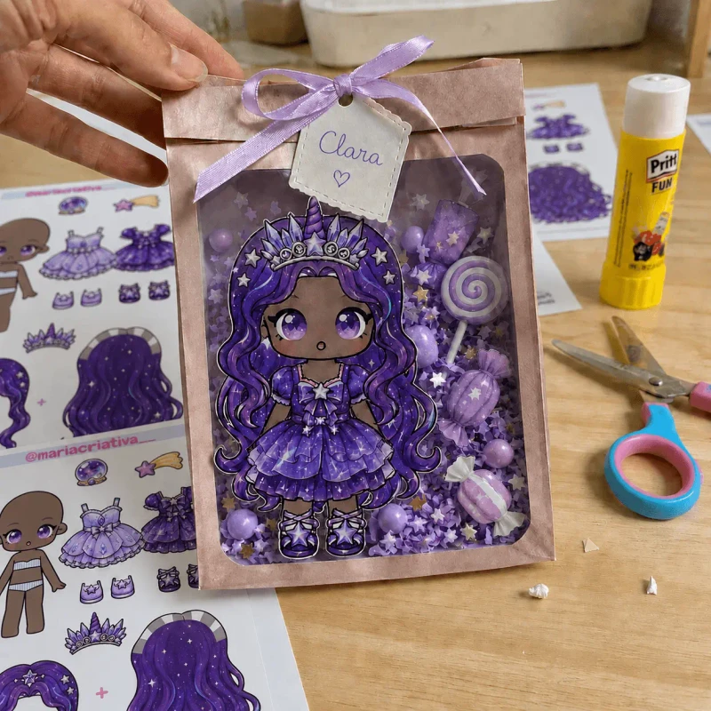 Lembrancinha de festa pronta com boneca de papel
