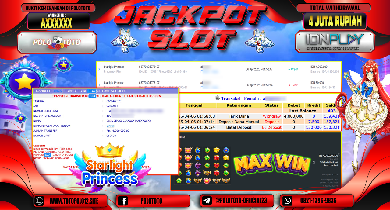 POLOTOTO JACKPOT SLOT STARLIGHT PRINCESS 1000  Rp.4.000.000,- LUNAS