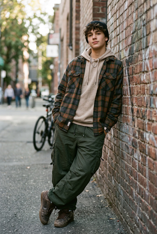 Detail shot of a boy wearing a heavy plaid flannel over a hoodie and parachute pants