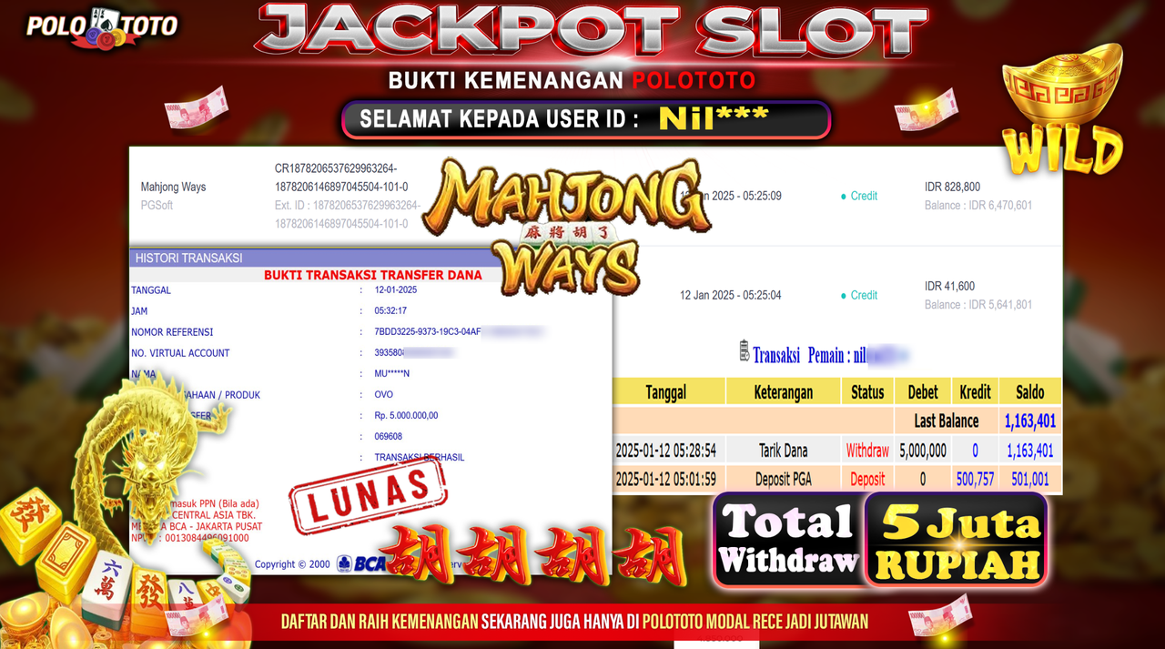 POLOTOTO JACKPOT SLOT MAHJONG WAYS Rp.5,000.000,-