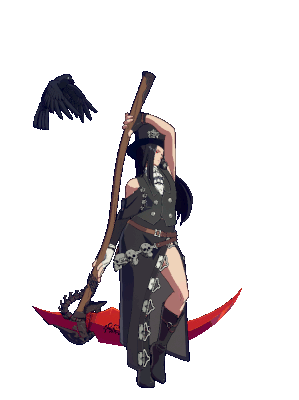 a gif of Testament from Guilty Gear Strive, spinning their scythe around before taking a break for tea