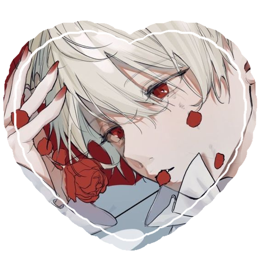 an image of a lace-like heart with an overlay closeup of a white-haired, red-eyed boy holding a rose with rose petals scattered around