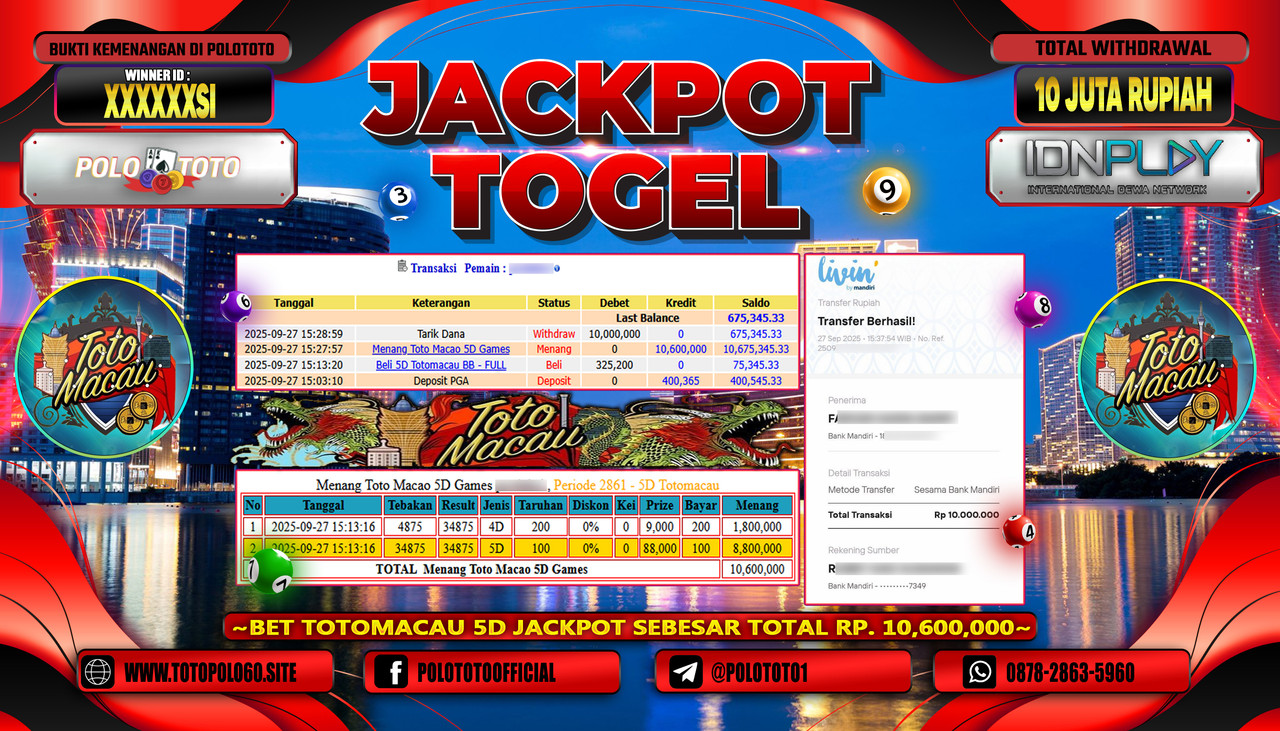 POLOTOTO JACKPOT TOGEL MENANG TOTO MACAO 5D GAMES Rp.10.000.000,- LUNAS