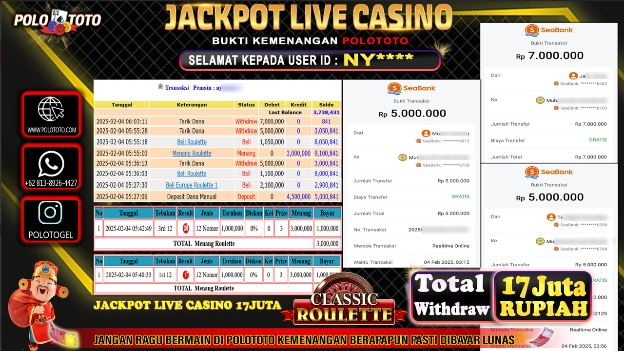 POLOTOTO JACKPOT LIVE CASINO CLASSIC ROULETTE Rp.17,000.000,-