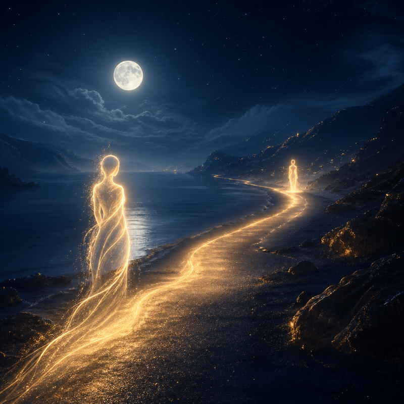 Reconexión emocional representada por camino iluminado por la luna