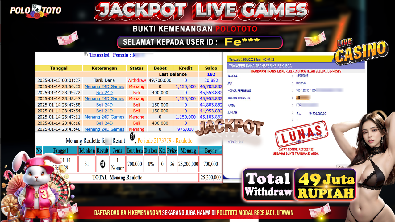 POLOTOTO JACKPOT LIVE GAMES 24D GAMES Rp.49,700.000,-