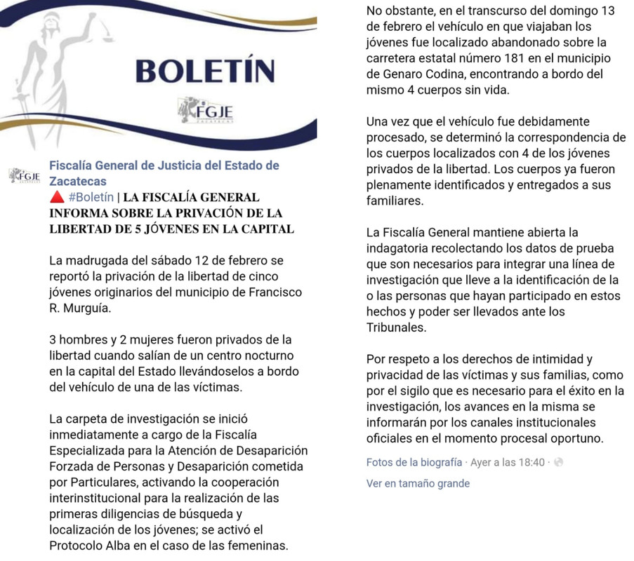 Autoridades de Zacatecas hallan cuerpos de jóvenes desaparecidos