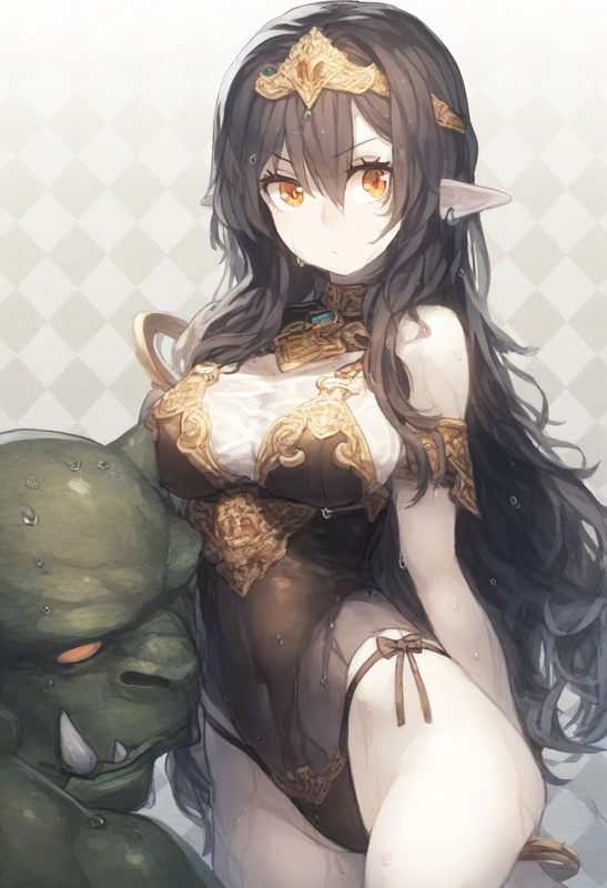 1girl, argyle background, cowboy shot, orc, pale skin, orange eyes, long hair, s s-4172638048