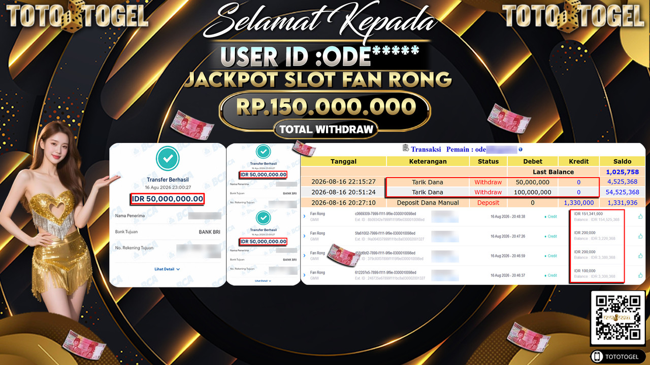 Bukti Pembayaran Jackpot Slot FAN RONG ID:ODI*****LUNAS