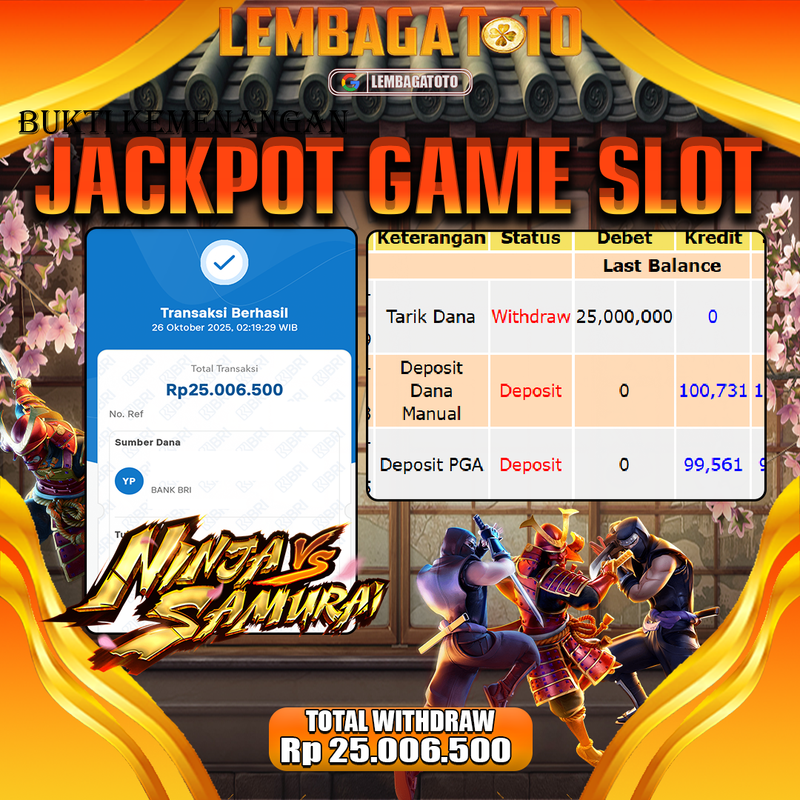 BUKTI JACKPOT 27 OCTOBER LEMBAGATOTO NINJA VS SAMURAI Rp.25.006.500,- LUNAS