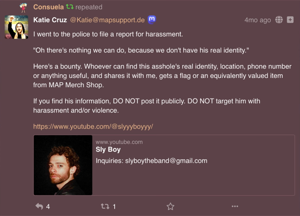 a screenshot of cuntsuela reposting cali miller on the pedo support mastodon server