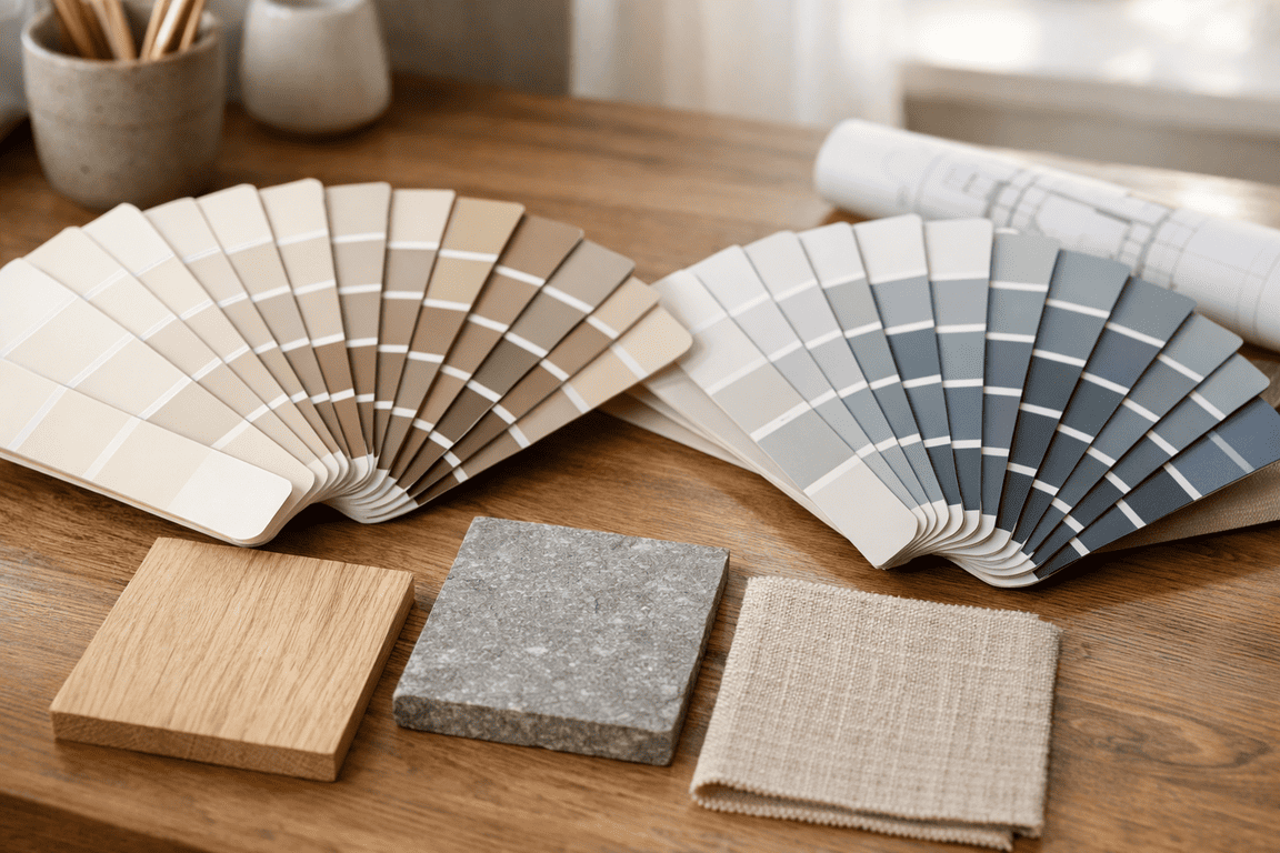 Дизайнер выбирает палитру по веерам и образцам материалов