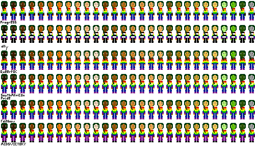 a row of people with pride flag shirts and even darker green hair