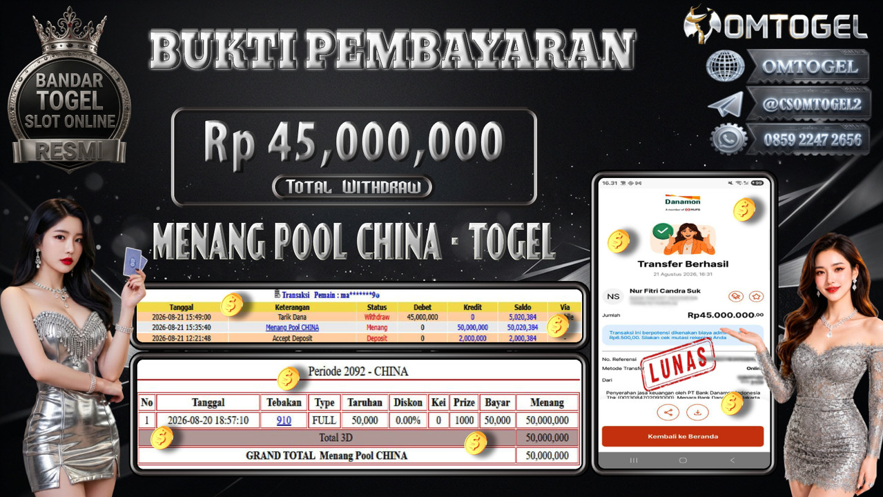 OMTOGEL JACKPOT MENANG POOL CHINA Rp,45,000,000,- DIBAYAR LUNAS