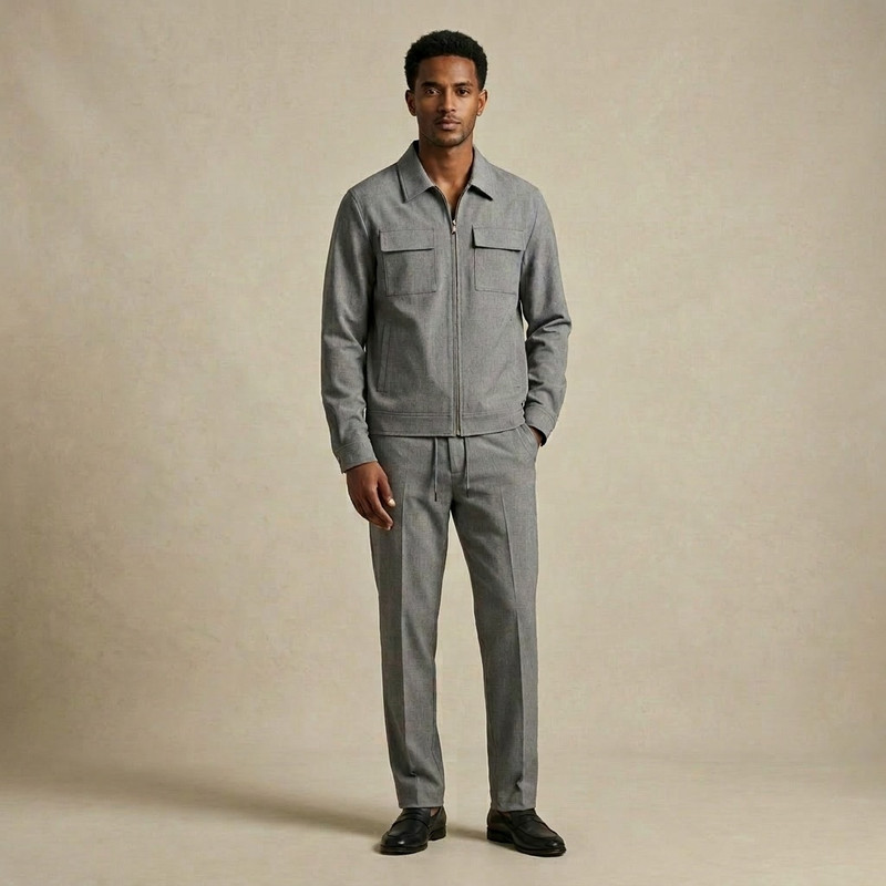 Ethiopian male model wearing a smart casual outfit with natural fit and modern style for men clothing website