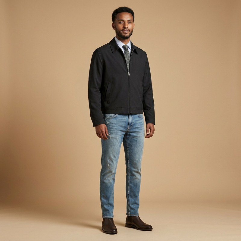 Ethiopian male model wearing a modern casual men outfit in a professional studio setting