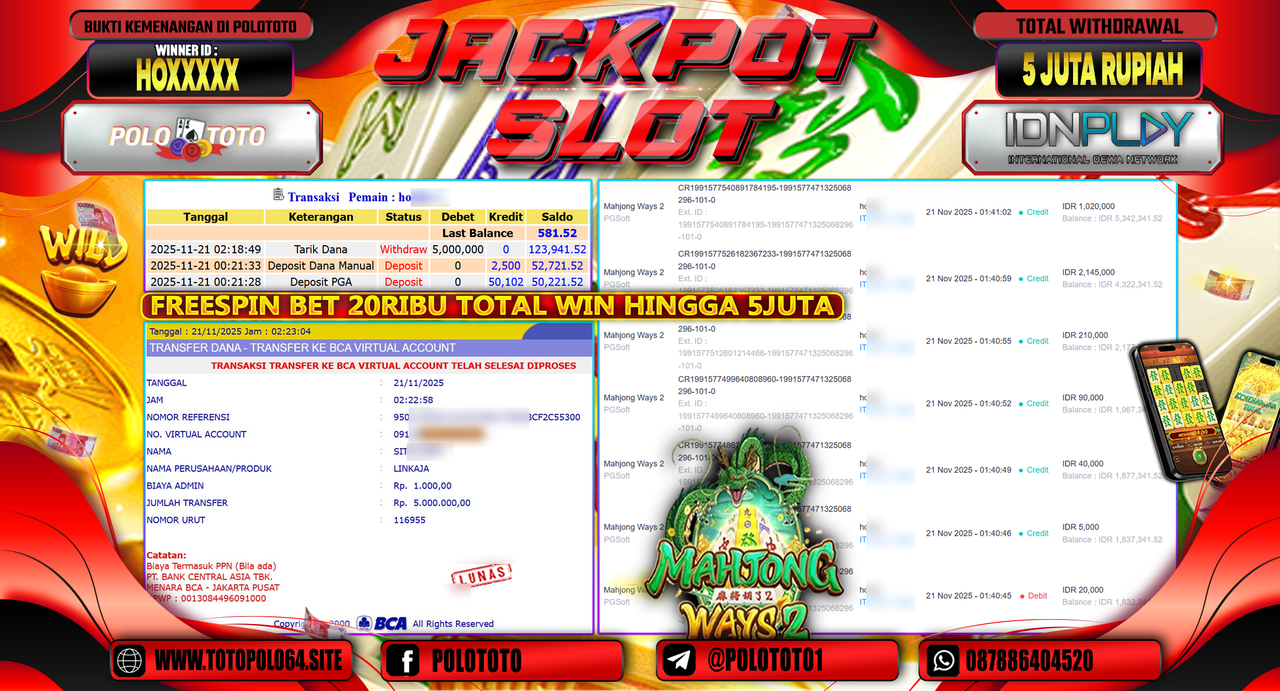 POLOTOTO JACKPOT SLOT MAHJONG WAYS Rp.5.000.000,- LUNAS