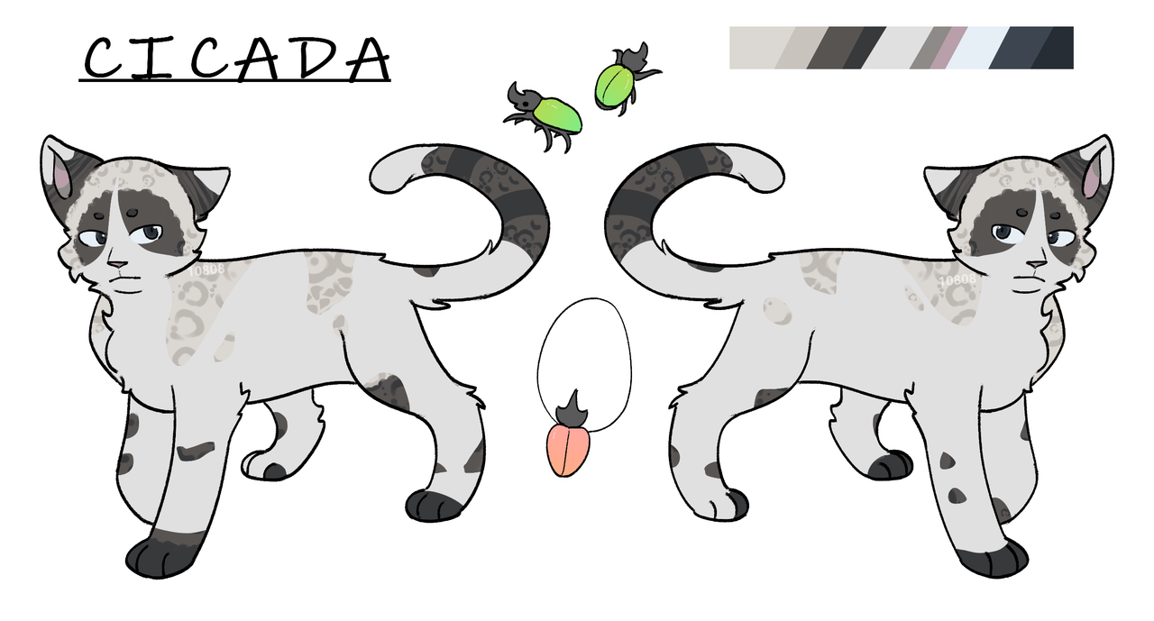 a reference sheet for Cicada, a black cloudpoint not-cat with scattered white spotting in his fur. he is standing with a neutral expression. in the center of the reference is two green beetles and a red beetle shell necklace. cat ID 128046