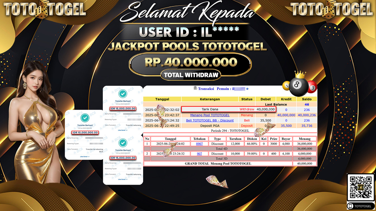 Bukti Pembayaran Jackpot Permainan Togel Pools TotoTogel ID:IL***** LUNAS