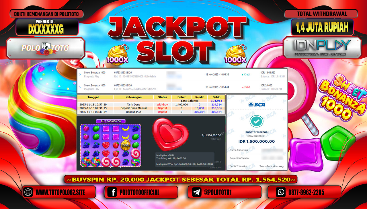 POLOTOTO JACKPOT SLOT SWEET BONANZA 1000 Rp.1.400.000,- LUNAS