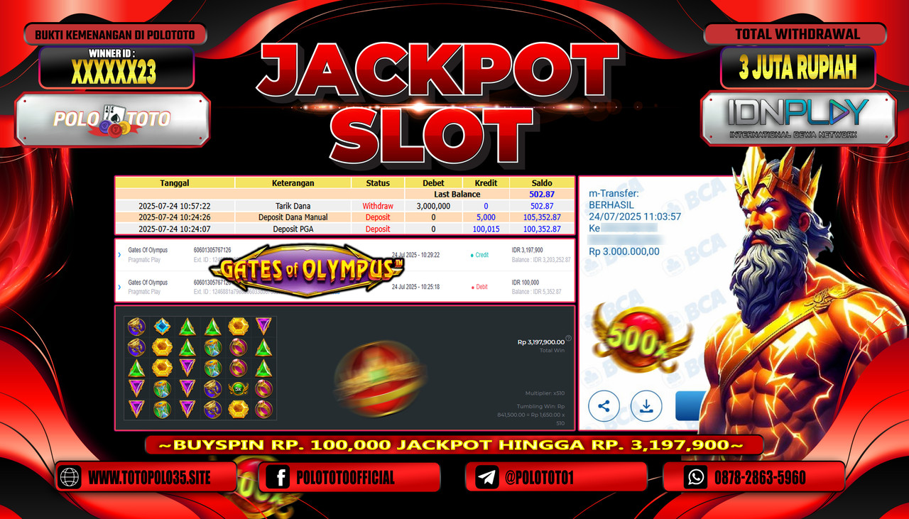 POLOTOTO JACKPOT SLOT GATES OF OLYMPUS Rp.3.000.000,-