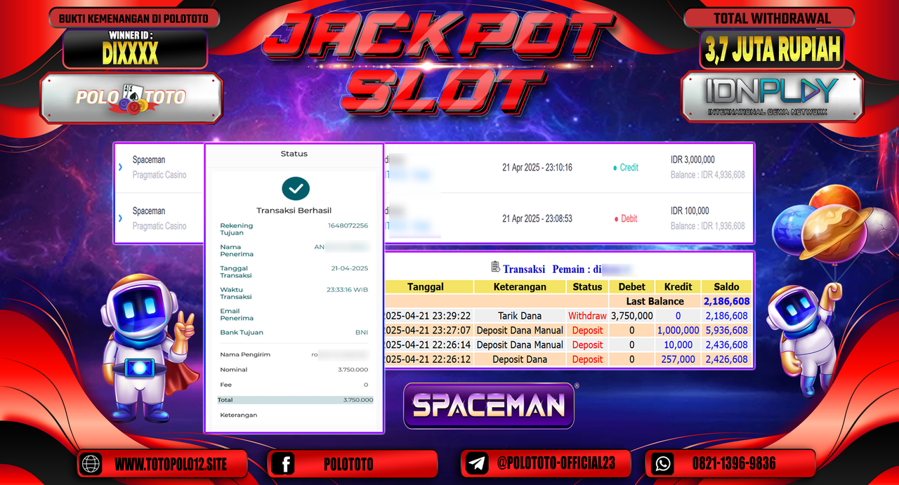 POLOTOTO JACKPOT SLOT SPACEMAN Rp.3.750.000,-