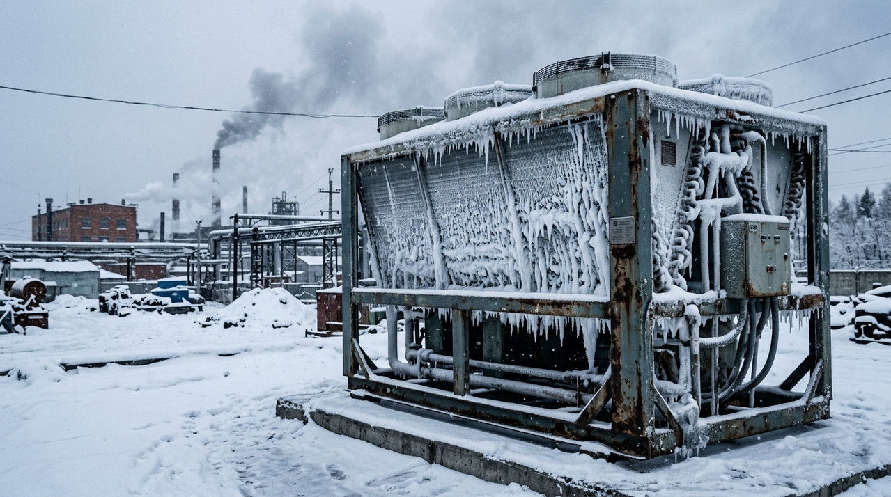 Воздухоохлаждаемый чиллер с обмерзшим конденсатором в зимних условиях на промышленном объекте в России