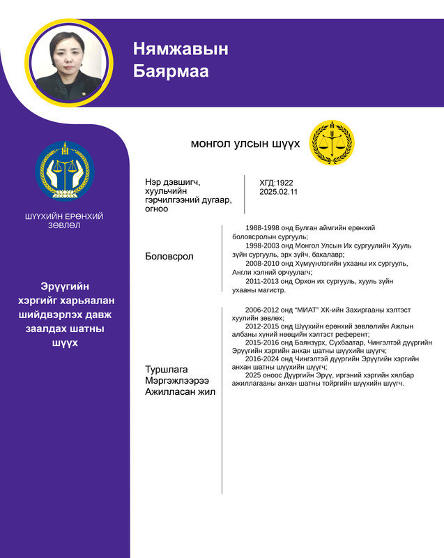 Эрүүгийн хэргийг харьяалан шийдвэрлэх давж заалдах шатны шүүхийн шүүгчид нэр дэвшигч Н.Баярмаагийн мэргэжлийн үйл ажиллагааны танилцуулга