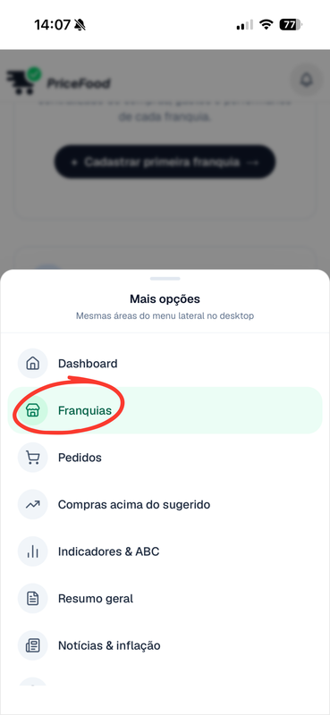 Acessar Franquias pelo menu Mais