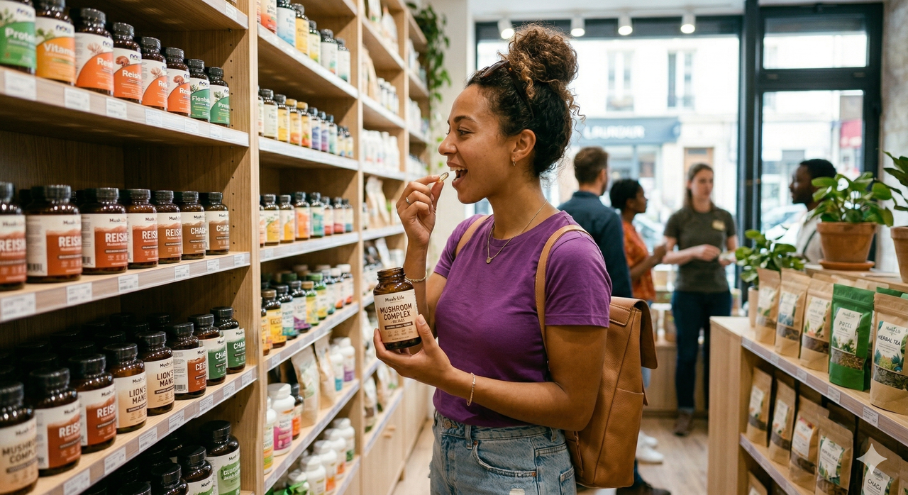 Femme prenant un complément alimentaire nootropique naturel dans un magasin de santé