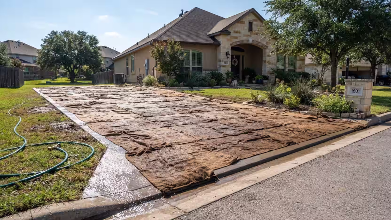 Concrete driveway curing process wet burlap liquid compound San Antonio