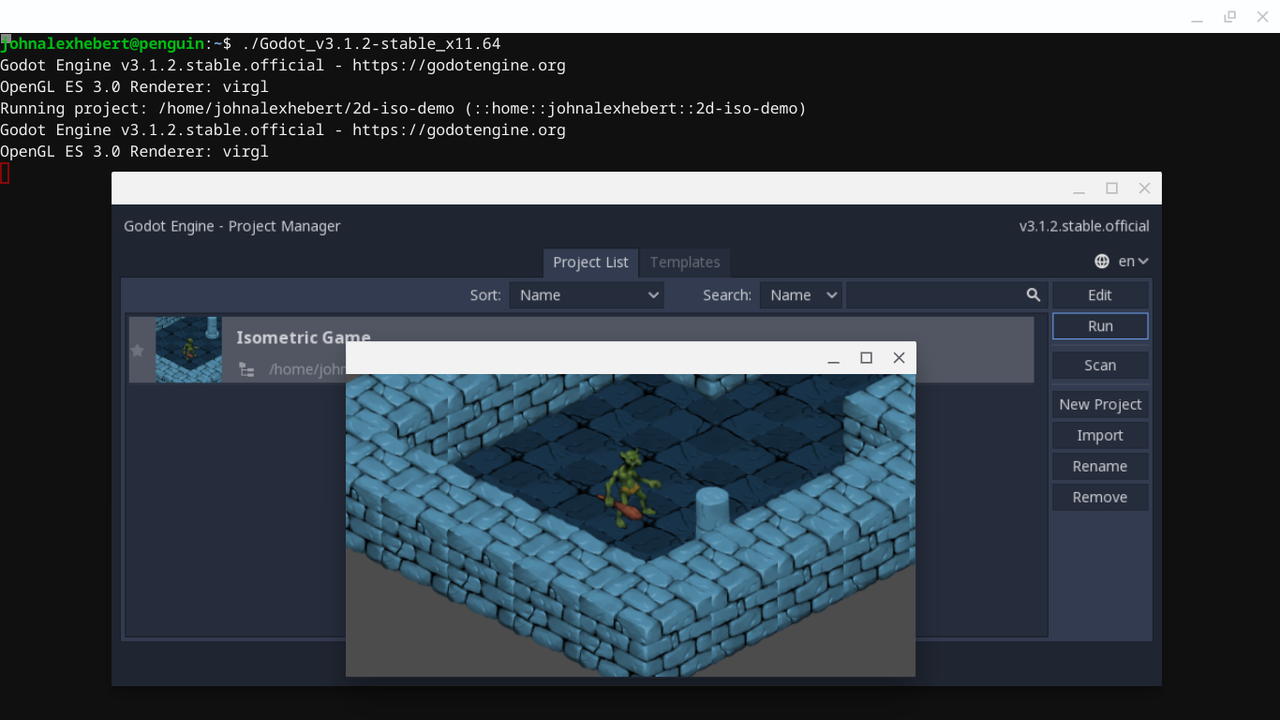 Screenshot of Godot running in Chromebook's Linux App Mode.