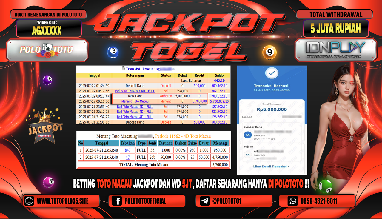 POLOTOTO JACKPOT TOGEL TOTO MACAU Rp.5.000.000,- LUNAS