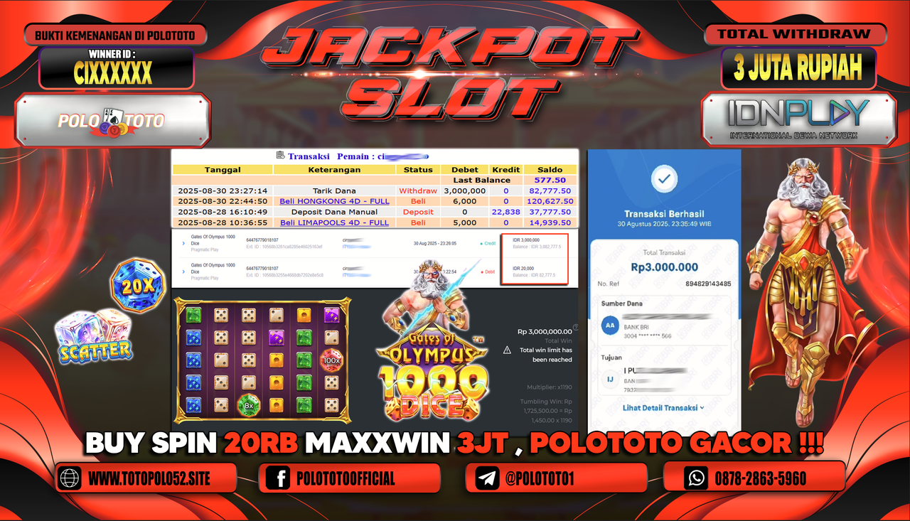 POLOTOTO JACKPOT SLOT GATES OF OLYMPUS 1000 Rp.3.000.000,-