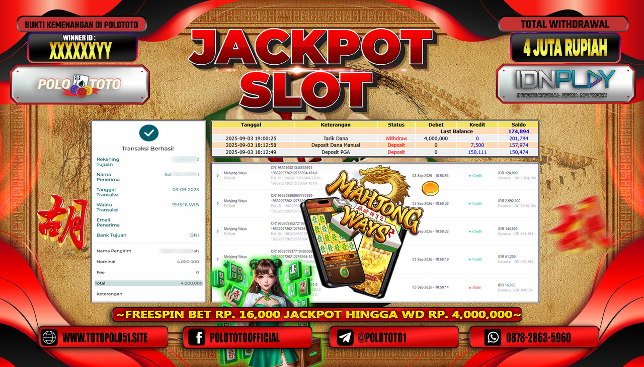 POLOTOTO JACKPOT SLOT MAHJONG WAYS Rp.4.000.000,- LUNAS