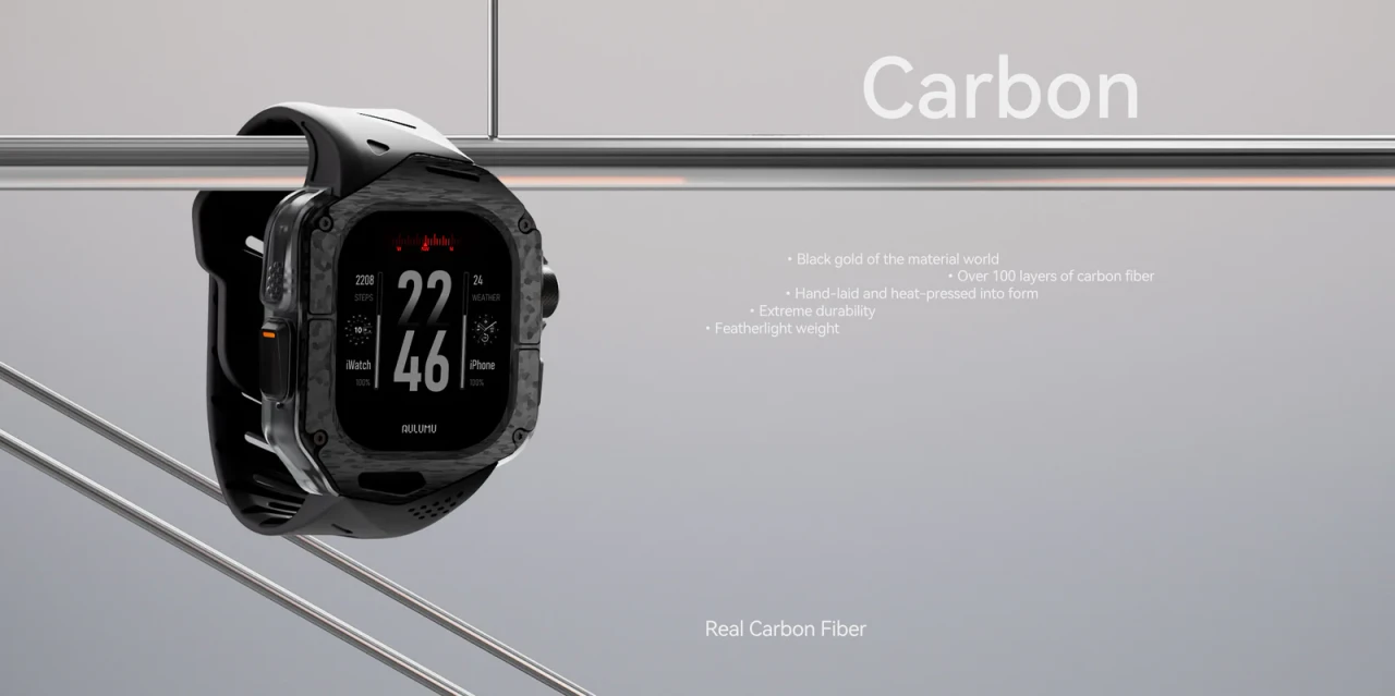 Set Husa si Curea pentru Apple Watch Ultra 1/2/3, Aulumu A01, din Fibra de carbon si cauciuc, Rezistenta la socuri, Butoane metalice tactile, Protectie 360°, Banda FKM elastica si durabila, Rezistenta la apa si transpiratie, Design premium, Negru A01 C PC BLOCK 7