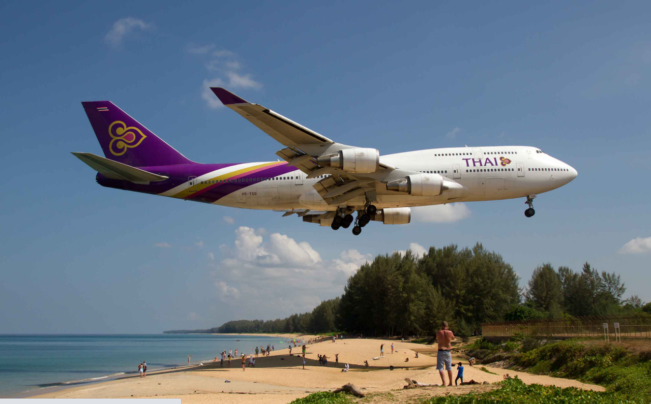 Air Thai 747-300 Landing in Phuket Airport at Mai Khao Beach