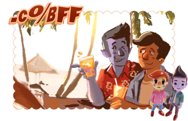 a drawing made by atr11um showing busdriver and the protagonist from knuckle sandwich at the beach together. at the top, ".co/bff" is written in the font marola, and at the bottom are 3d models of busdriver and the protagonist made by oliviahns