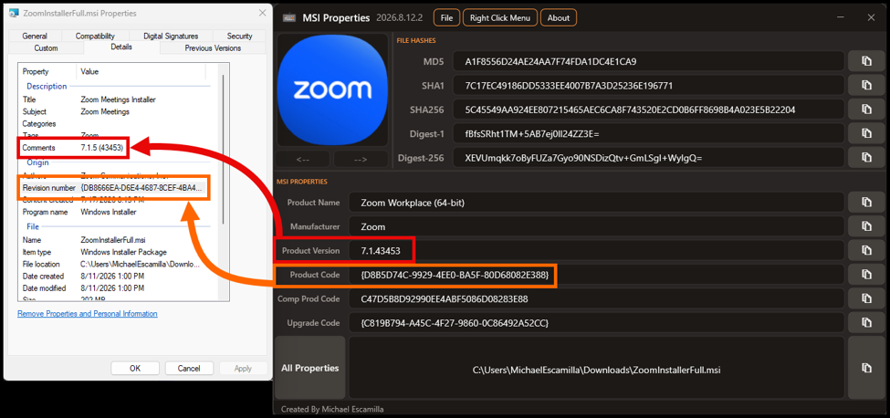 Zoom MSI - File Properties