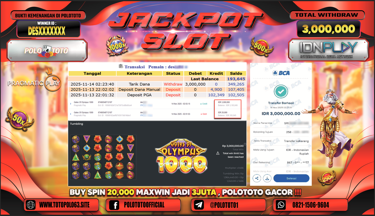 POLOTOTO JACKPOT SLOT GATES OF OLYMPUS 1000 Rp.3.000.000,- LUNAS