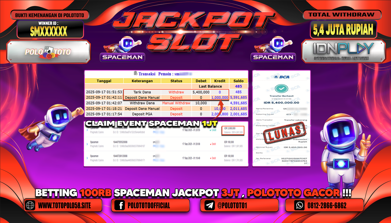 POLOTOTO JACKPOT SLOT SPACEMAN Rp.5.400.000,-