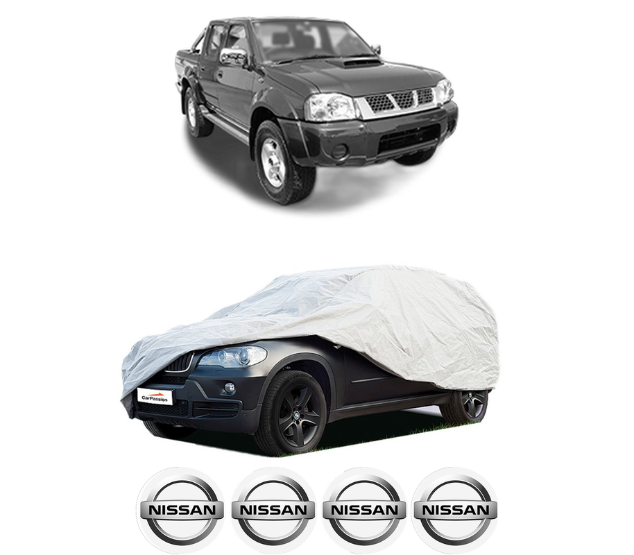 Husa tip prelata auto pentru NISSAN NAVARA (D22) din 2001-2008, Culoare Gri, material textil impermeabil, rezistanta la intemperii praf UV, CARPASSION Husa Protectie, 4 Stickere auto cu NISSAN