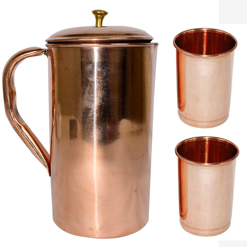 100% Pure Copper Water Jug Pitcher Pot With Glass Set Tumbler Health Benefits - Picture 1 of 23