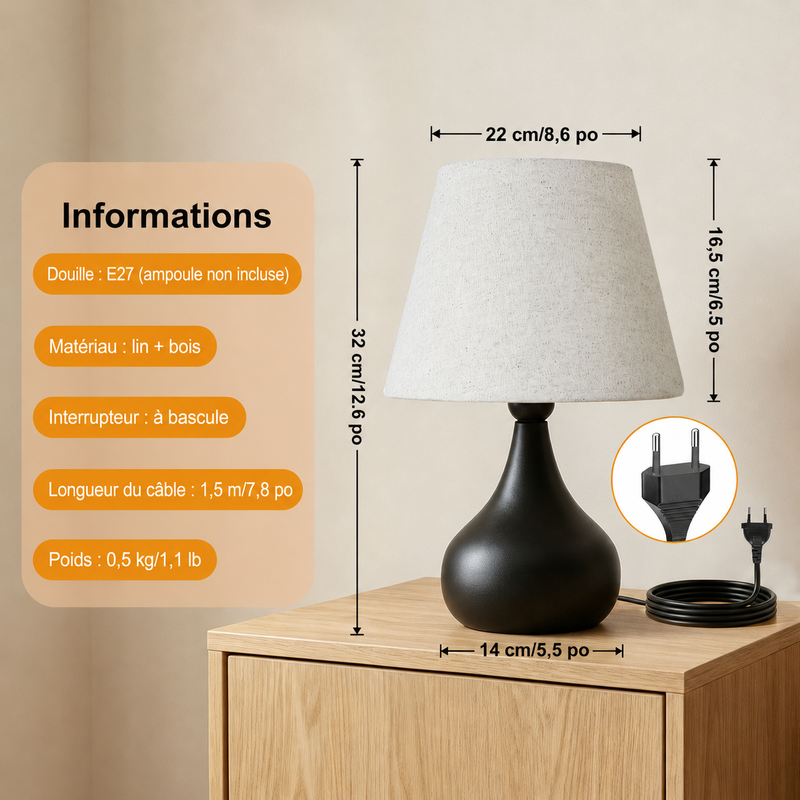 Lampe de table design noir sable et lin beige