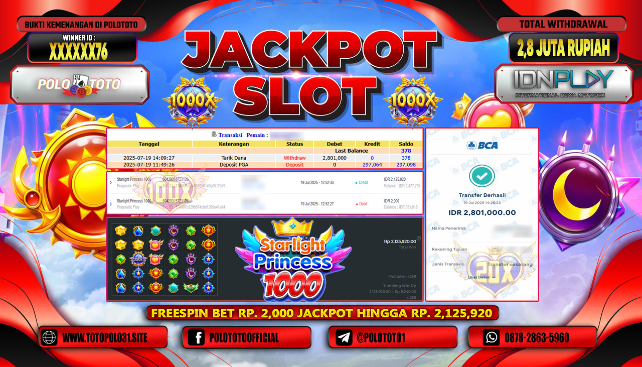 POLOTOTO JACKPOT SLOT STARLIGHT PRINCESS 1000 Rp.2.801.000,- LUNAS