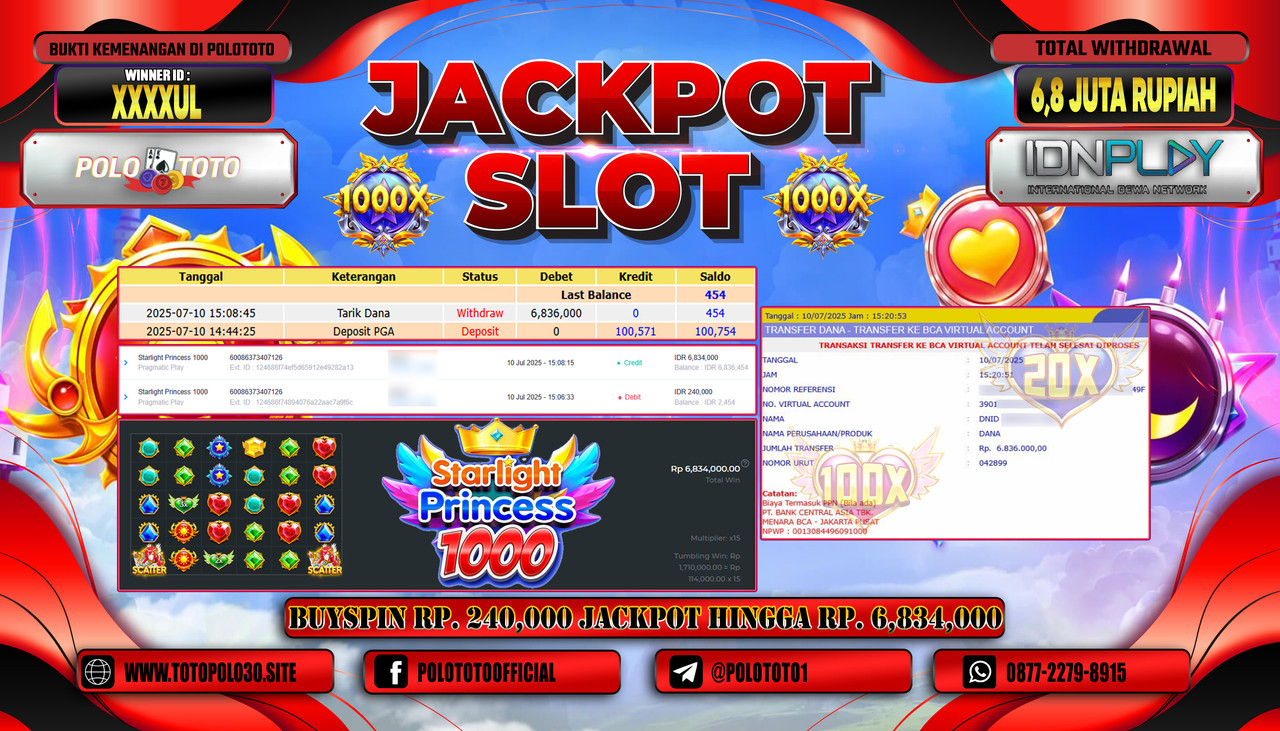 POLOTOTO JACKPOT SLOT STARLIGHT PRINCESS 1000 Rp.6.800.000,- LUNAS