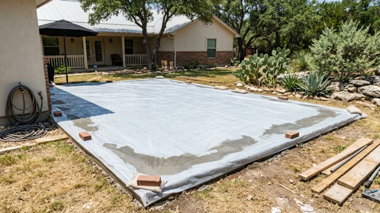Concrete patio curing with moisture retention cover after pour in San Antonio summer heat